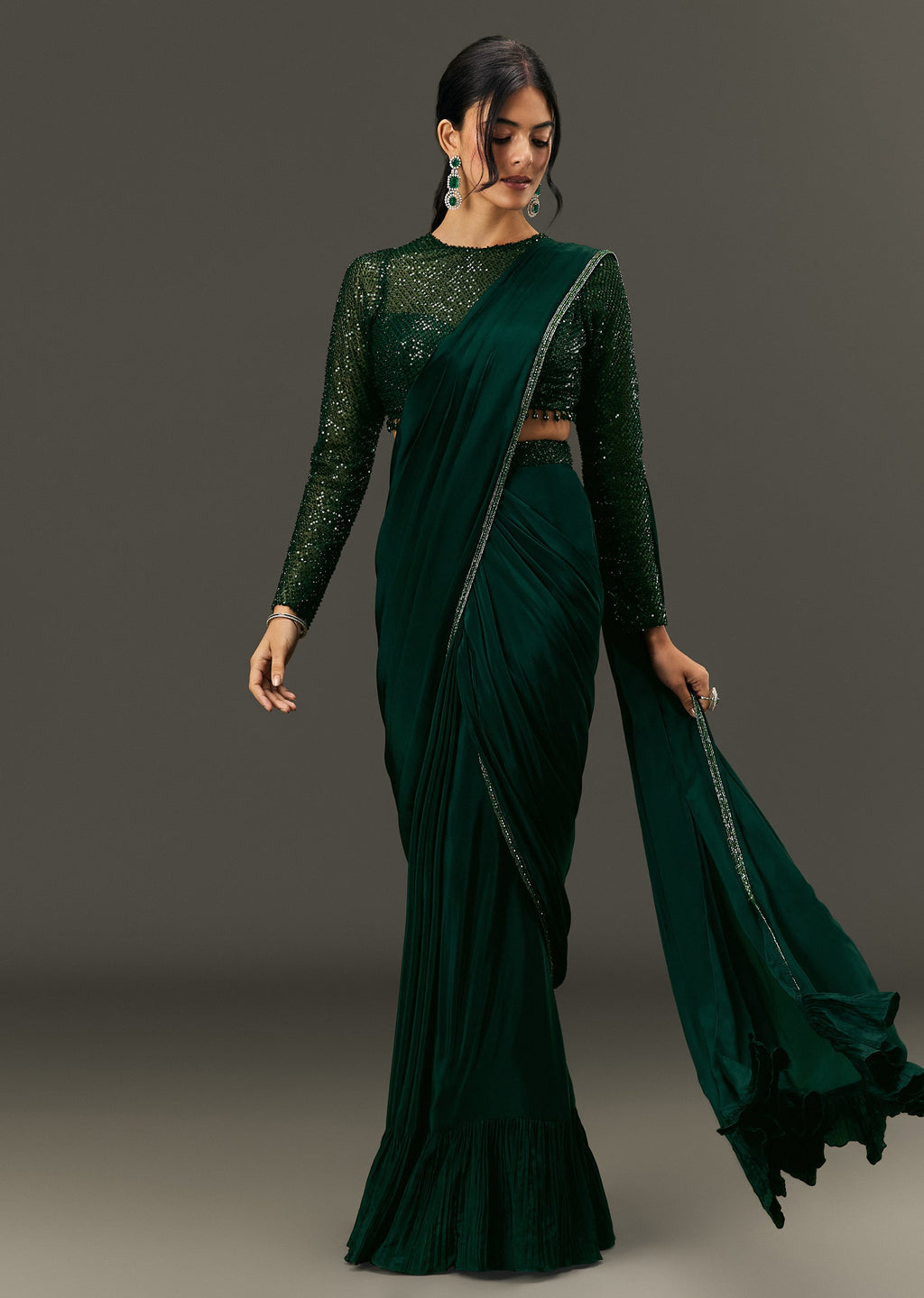 Bottle Green Pre Pleated Saree With Embroidered High Neck Full Sleeve Blouse