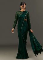 Bottle Green Pre Pleated Saree With Embroidered High Neck Full Sleeve Blouse
