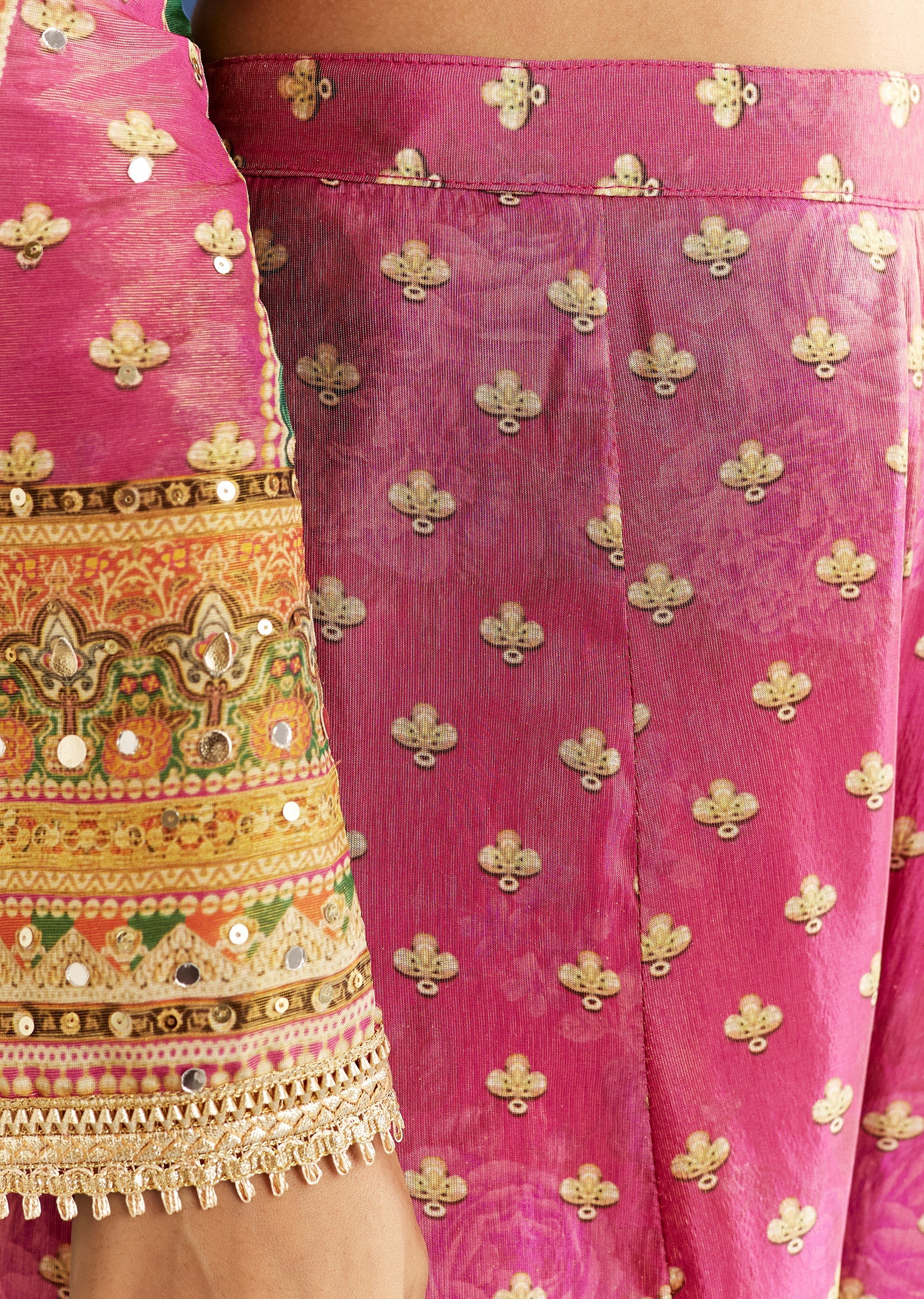 Pink Tissue Kurta With Printed Palazzo And Organza Dupatta