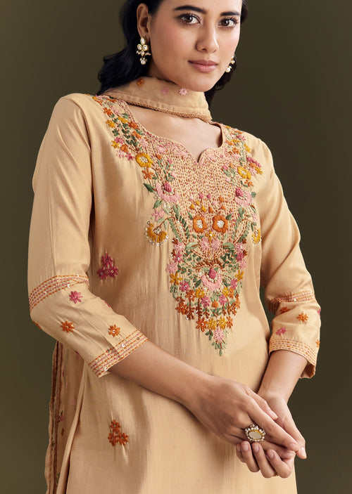 Beige Modal Threadwork Kurta Pant With Resham Organza Dupatta