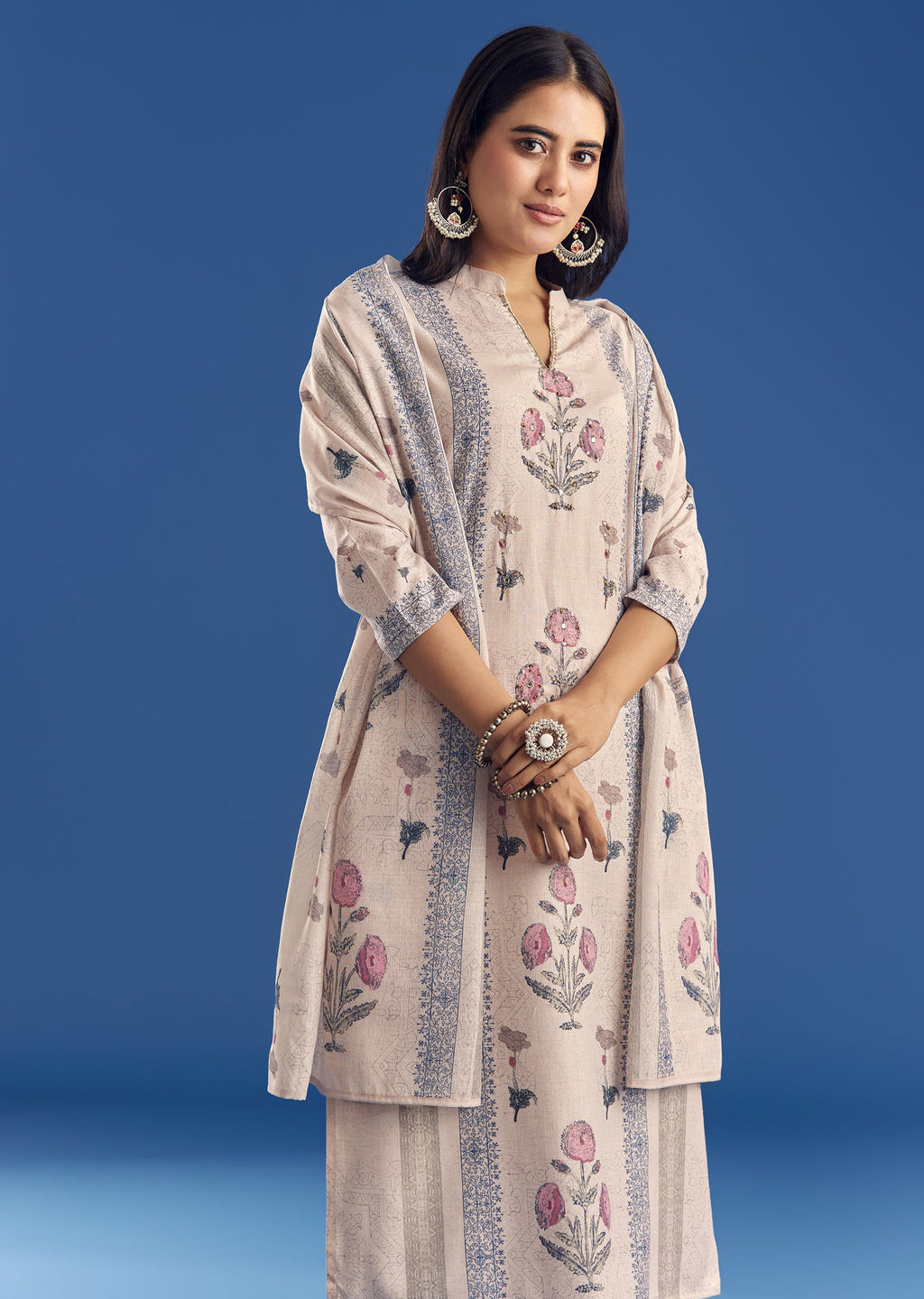 Light Beige Block Print Cotton Kurta Set With Mirror Work