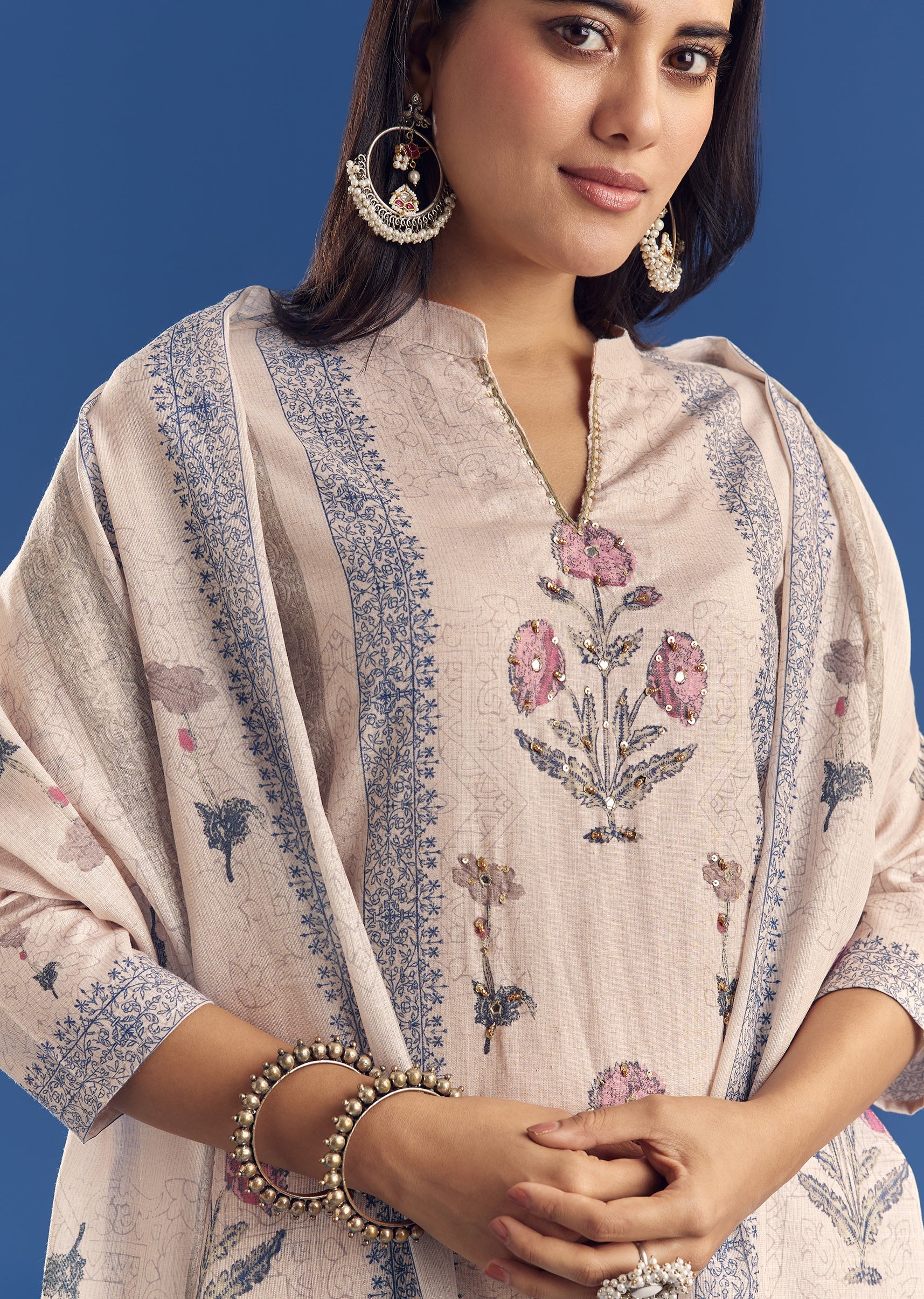 Light Beige Block Print Cotton Kurta Set With Mirror Work