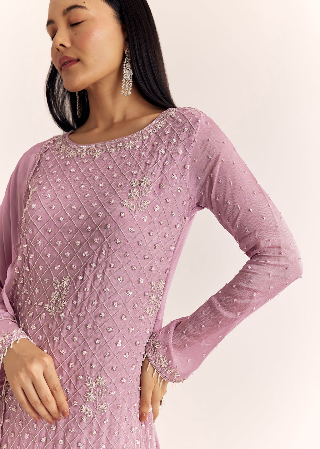 Lavender Chinon Sharara Suit With Cutdana Moti And Sequins