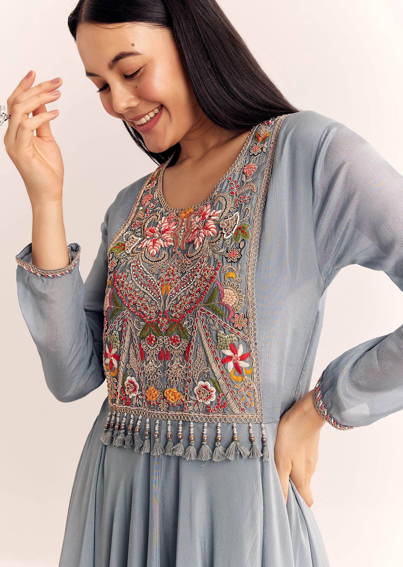 Grey Chinon Zardosi Kurta Palazzo Suit