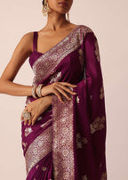 Wine Silk Saree with Butta Detail And Unstitched Blouse Piece